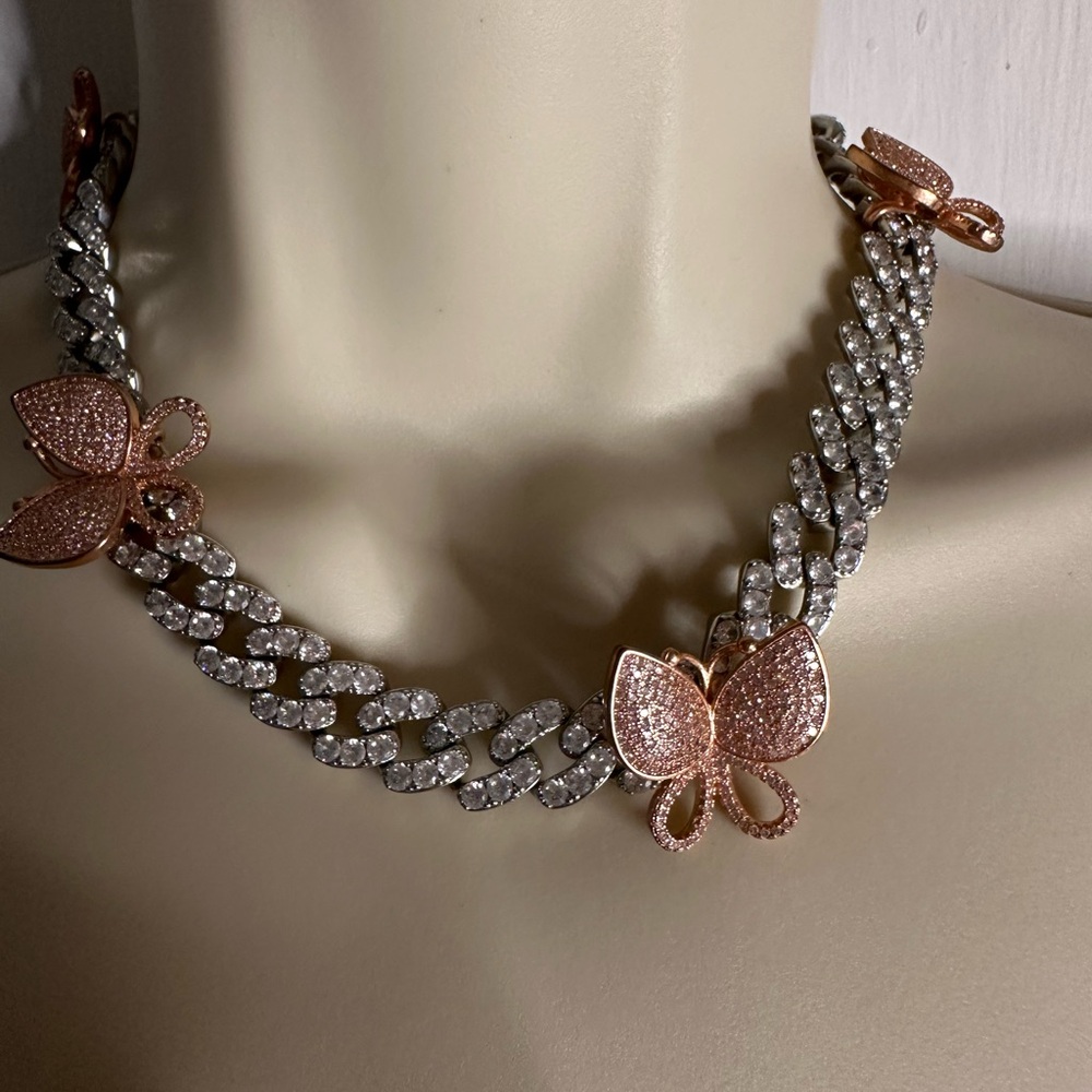 Charm Box Cuban Link Butterfly Necklace in Silver and Rose Gold